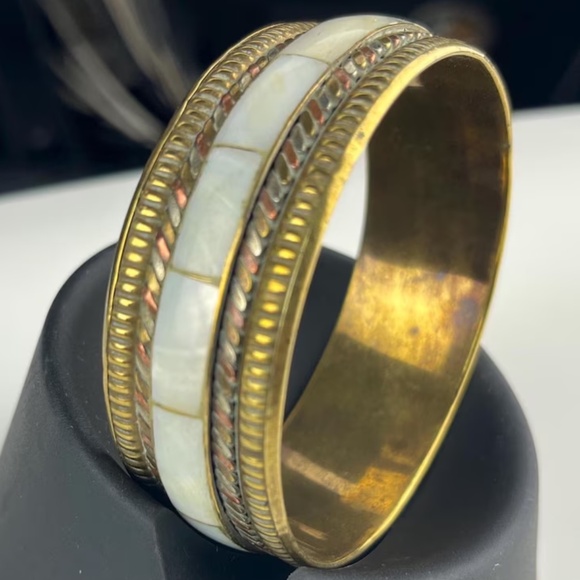 Vintage Brass Bangle | Bone Inlay, African Statement Jewelry - Picture 3 of 5